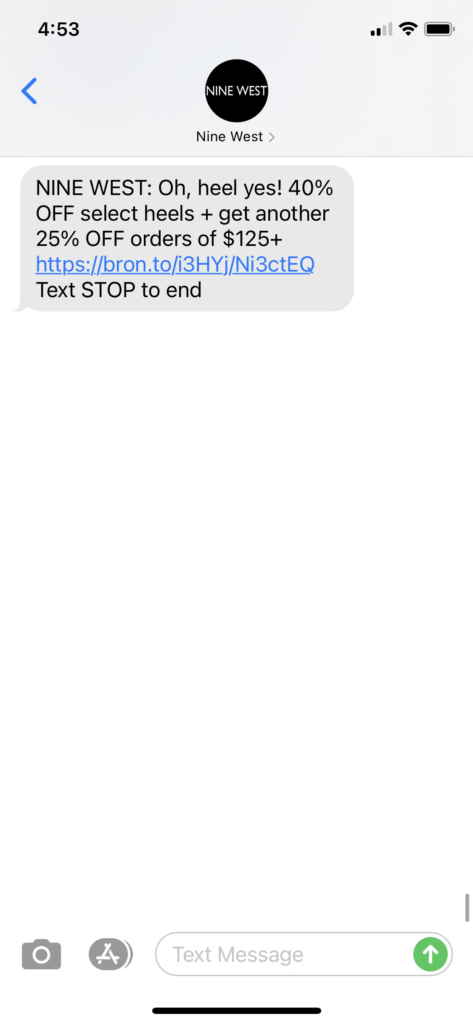 Nine West Text Message Marketing Example - 10.26.2020