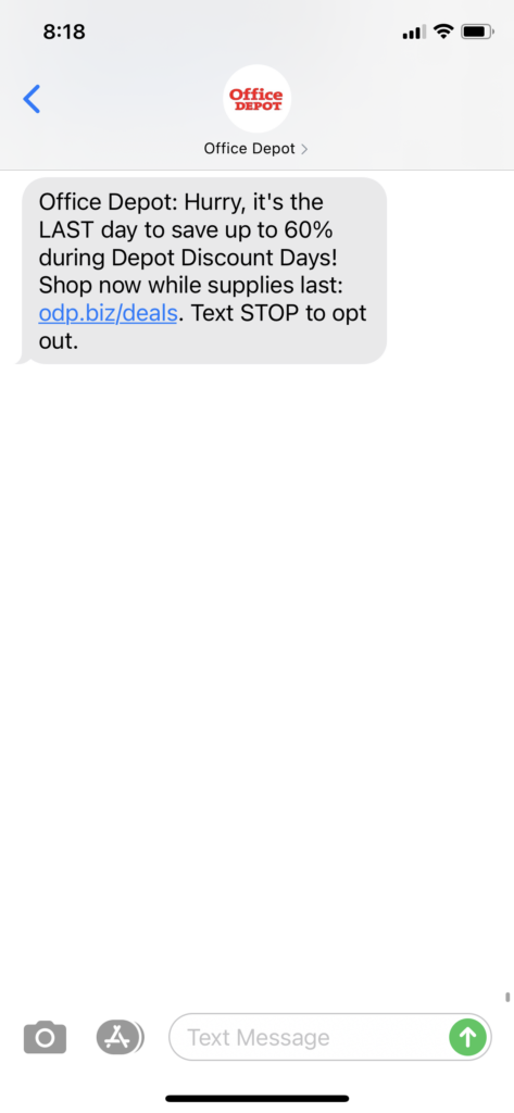 Office Depot Text Message Marketing Example - 10.15.2020