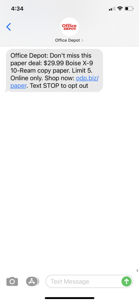 Office Depot Text Message Marketing Example - 10.27.2020