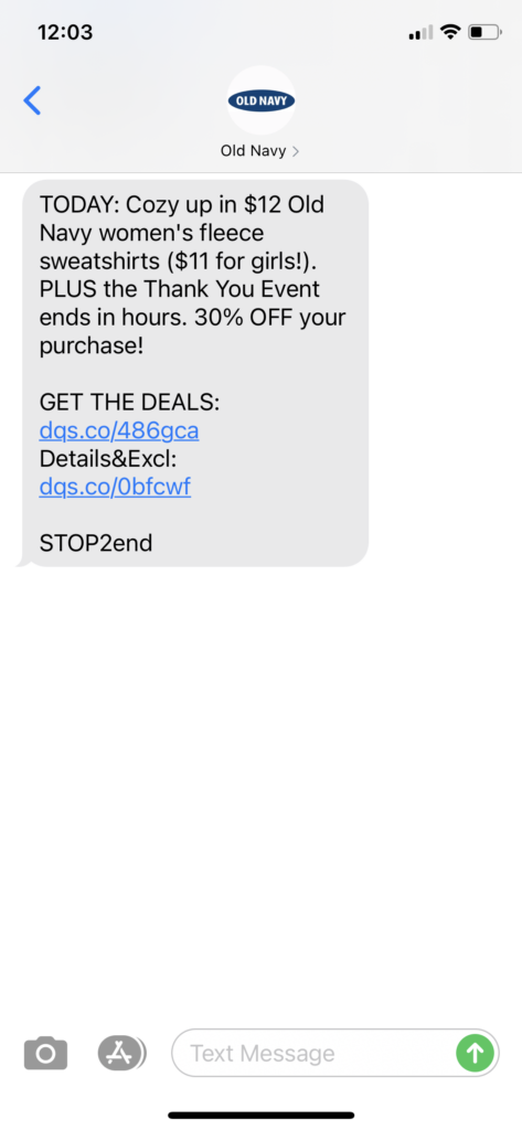 Old Navy Text Message Marketing Example - 10.04.2020