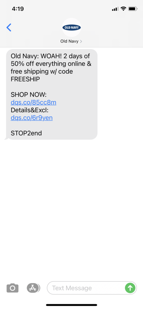 Old Navy Text Message Marketing Example - 10.13.2020
