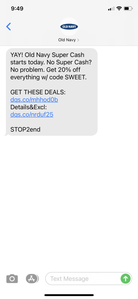 Old Navy Text Message Marketing Example - 10.24.2020