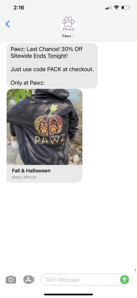 PAWZ Text Message Marketing Example - 10.04.2020