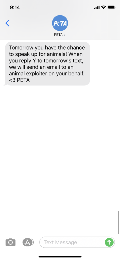 PETA Text Message Marketing Example - 10.21.2020