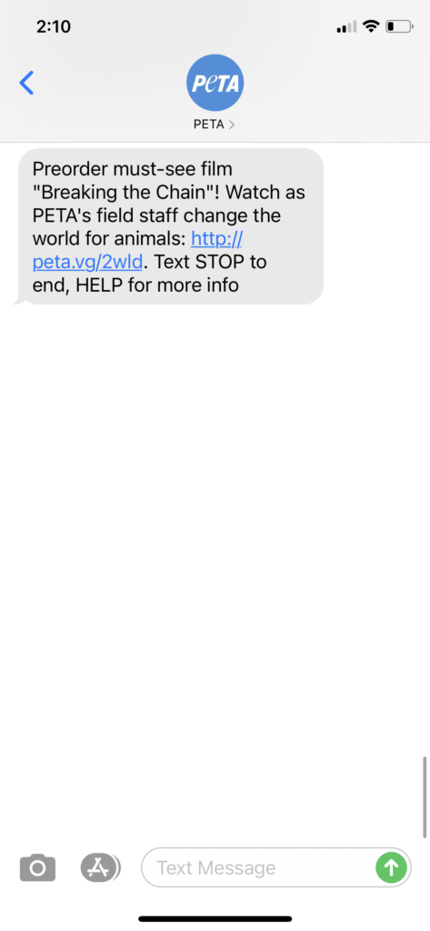 PETA Text Message Marketing Example - 8.25.2020
