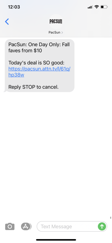 PacSun Text Message Marketing Example - 10.04.2020