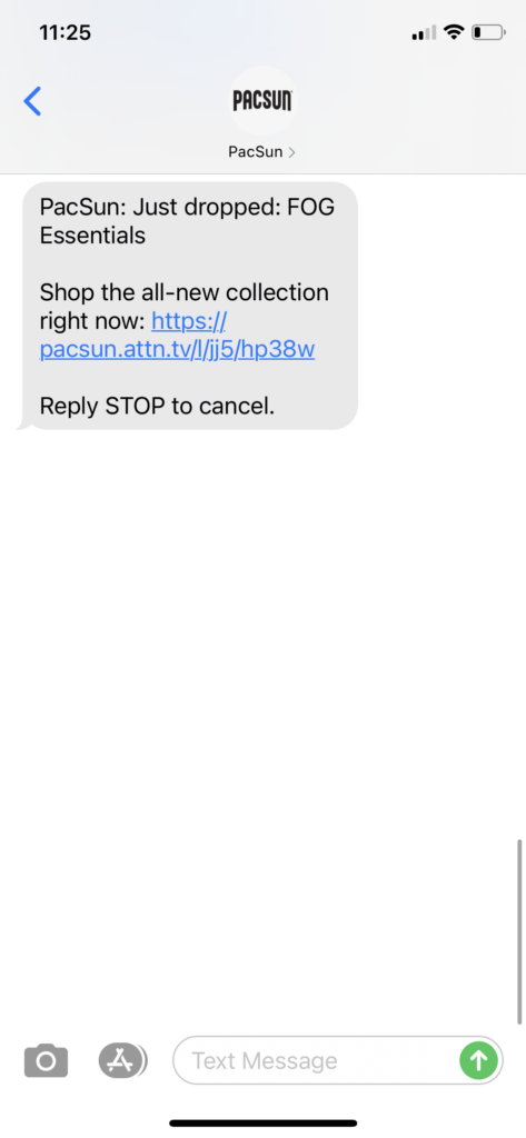 PacSun Text Message Marketing Example - 10.09.2020