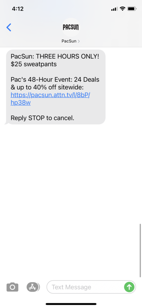 PacSun Text Message Marketing Example - 10.13.2020