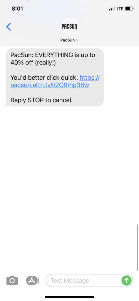 PacSun Text Message Marketing Example - 10.22.2020