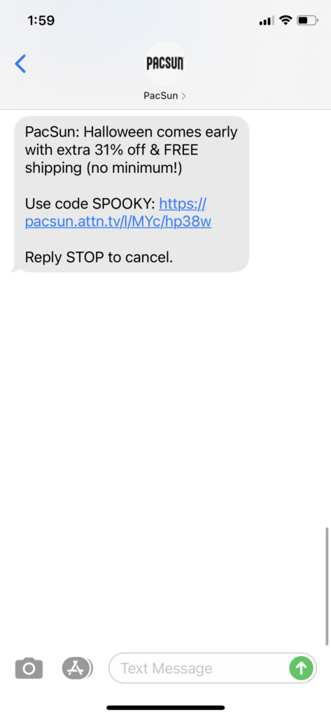 PacSun Text Message Marketing Example - 10.28.2020