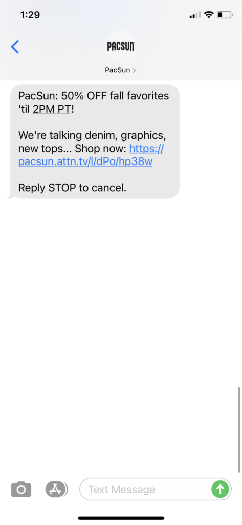 PacSun Text Message Marketing Example - 9.11.2020