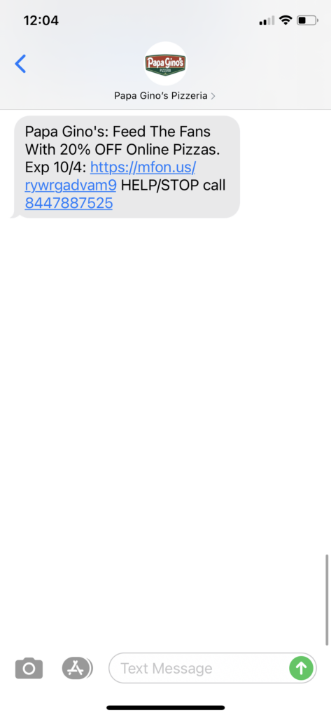 Papa Gino's Pizza Text Message Marketing Example - 10.04.2020