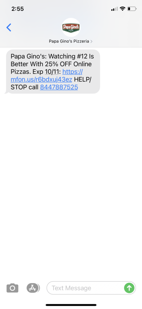 Papa Gino's Pizza Text Message Marketing Example - 10.08.2020
