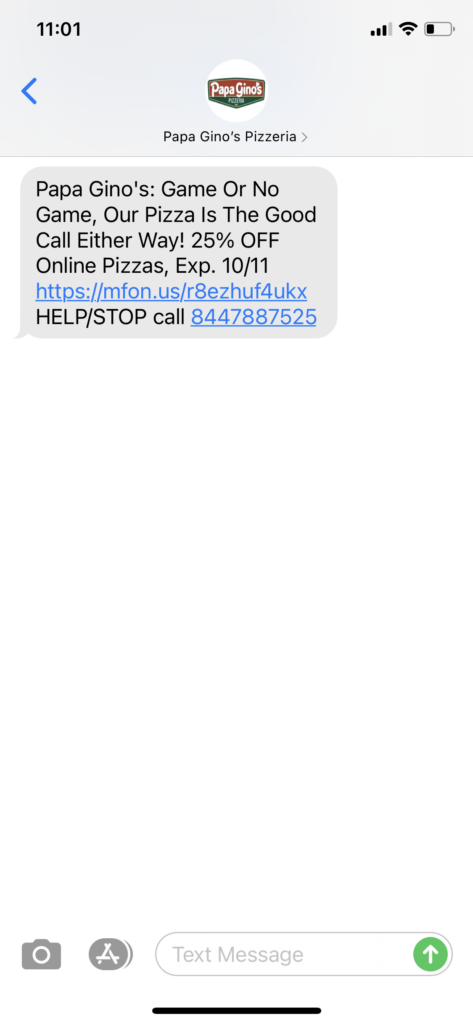 Papa Gino's Pizza Text Message Marketing Example - 10.11.2020