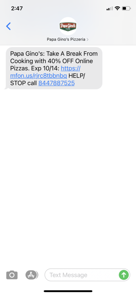 Papa Gino's Text Message Marketing Example - 10.12.2020