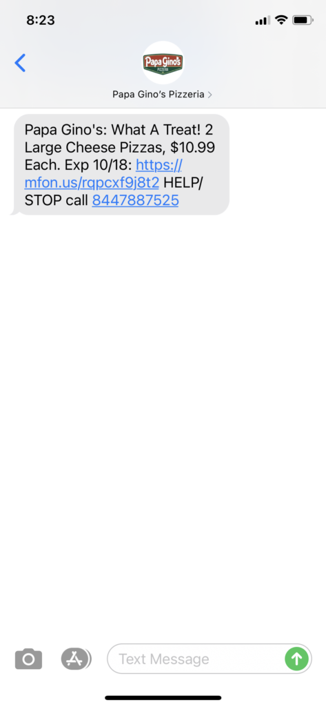Papa Ginos Text Message Marketing Example - 10.15.2020