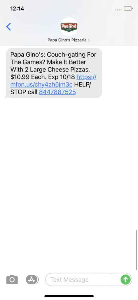 Papa Gino's Text Message Marketing Example - 10.18.2020