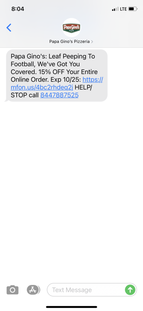 Papa Ginos Text Message Marketing Example - 10.22.2020