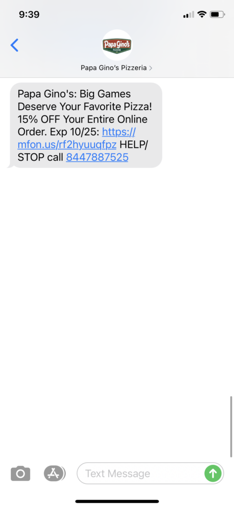 Papa Gino's Text Message Marketing Example - 10.25.2020