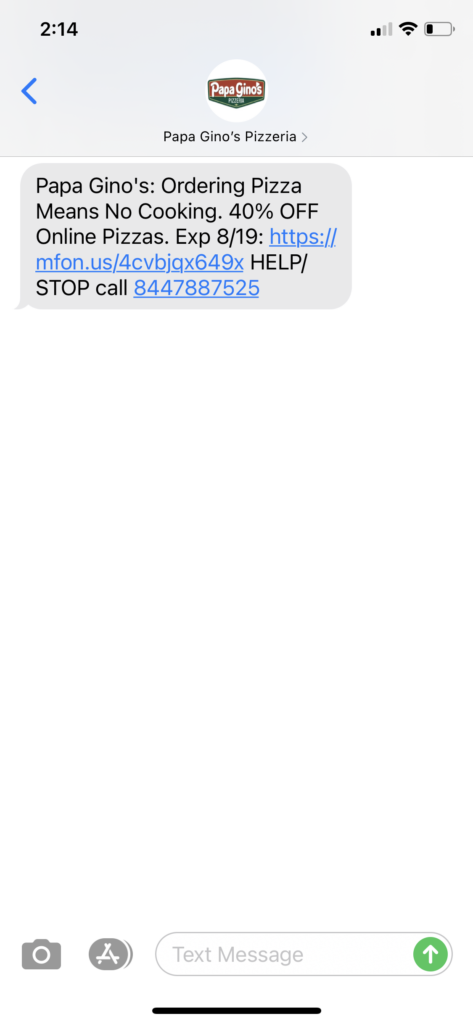 Papa Gino's Text Message Marketing Example - 8.17.2020