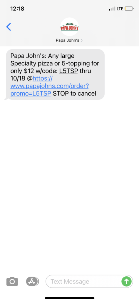 Papa Johns Text Message Marketing Example - 10.18.2020