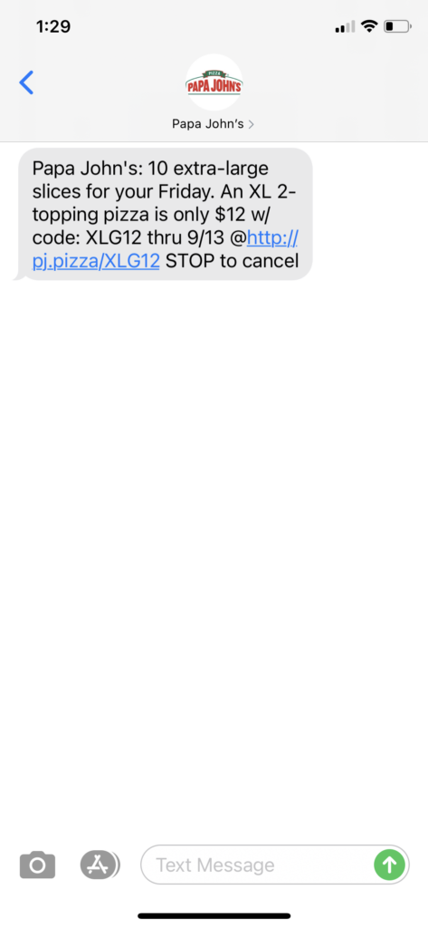 Papa John's Text Message Marketing Example - 9.11.2020
