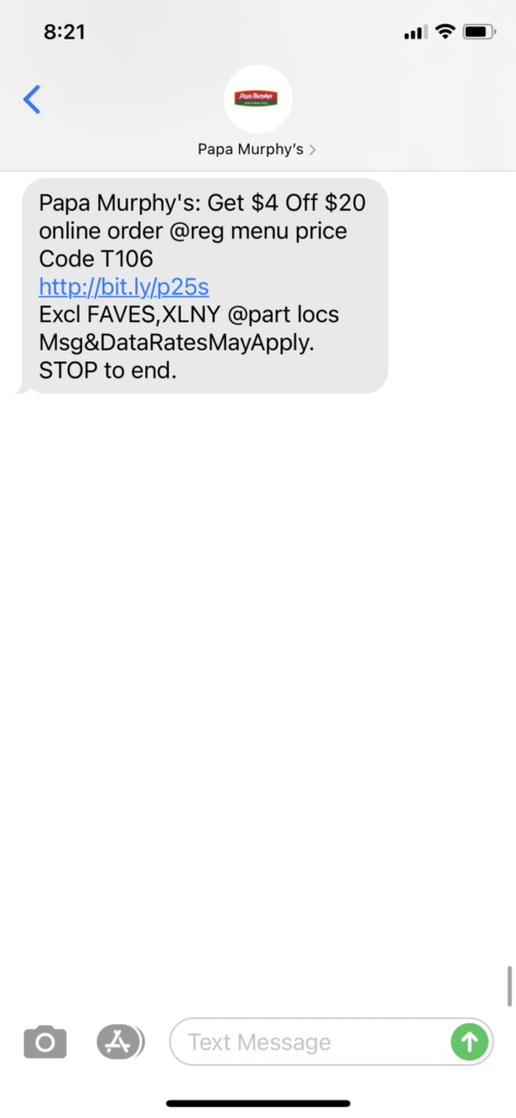 Papa Murphy Text Message Marketing Example - 10.15.2020