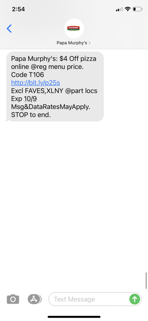 Papa Murphy's Text Message Marketing Example - 10.08.2020