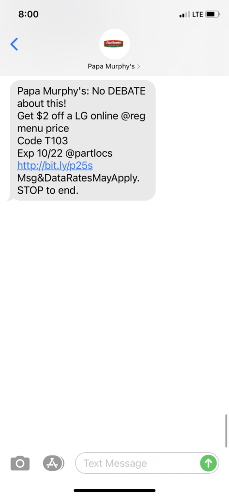 Papa Murphys Text Message Marketing Example - 10.22.2020