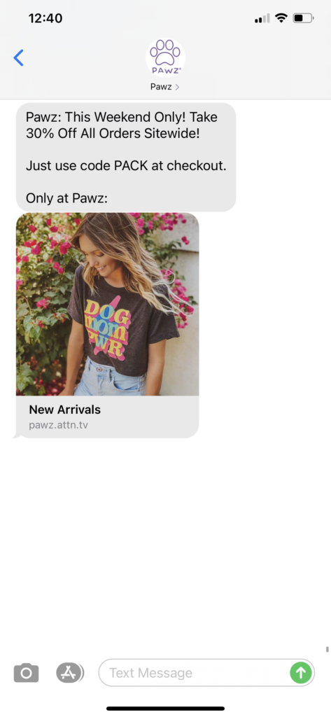 Pawz Text Message Marketing Example - 10.03.2020