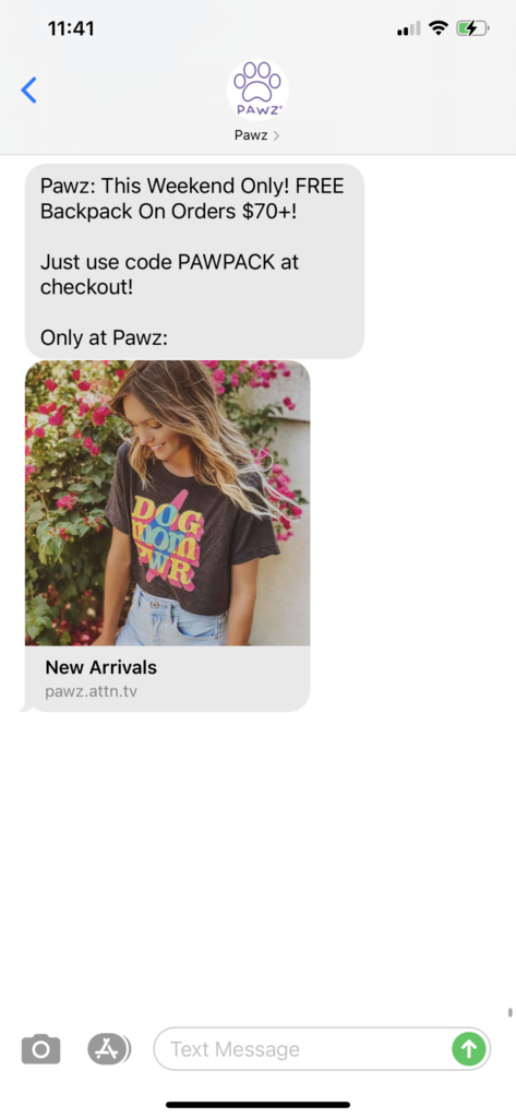 Pawz Text Message Marketing Example - 10.10.2020