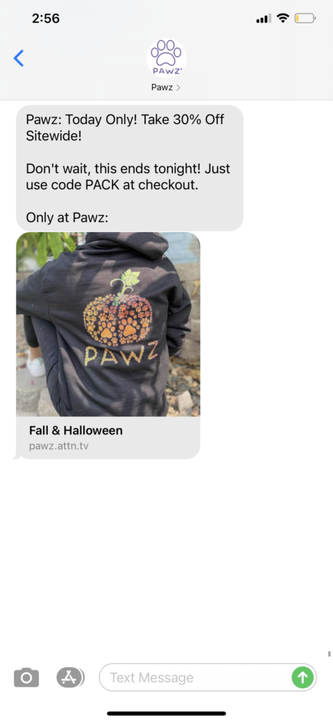 Pawz Text Message Marketing Example - 10.11.2020