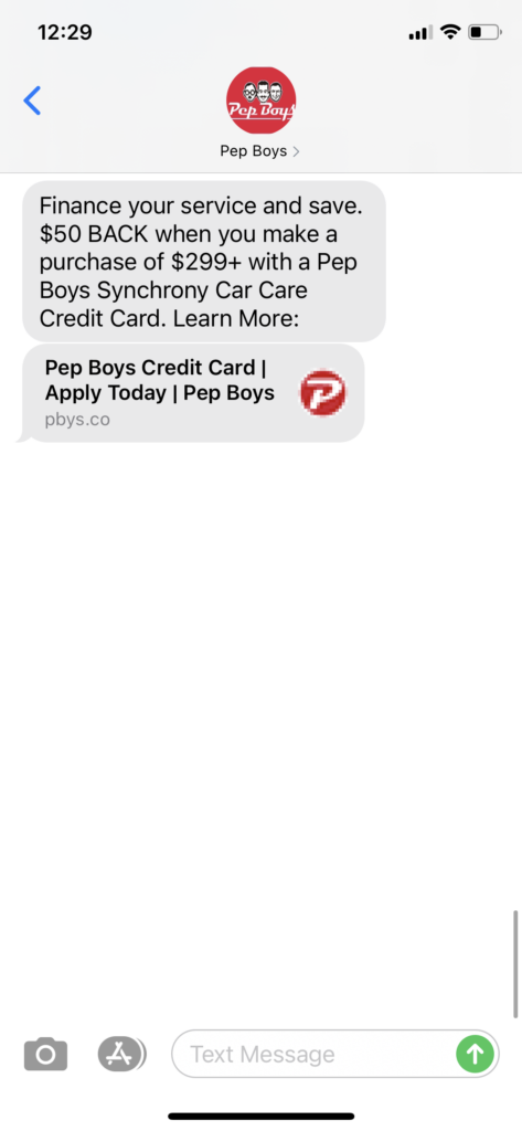 Pep Boys Text Message Marketing Example - 10.02.2020
