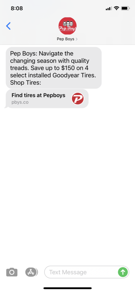 Pep Boys Text Message Marketing Example - 10.16.2020