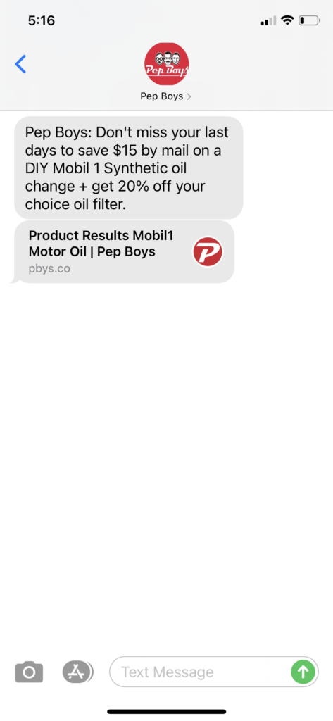Pep Boys Text Message Marketing Example - 10.23.2020