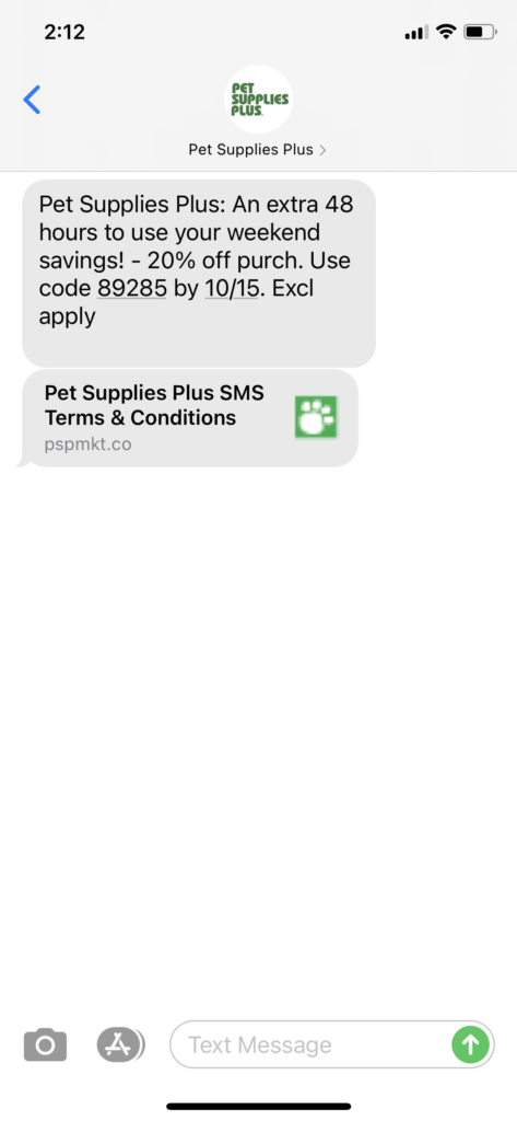 Pet Supplies Plus Text Message Marketing Example - 10.14.2020