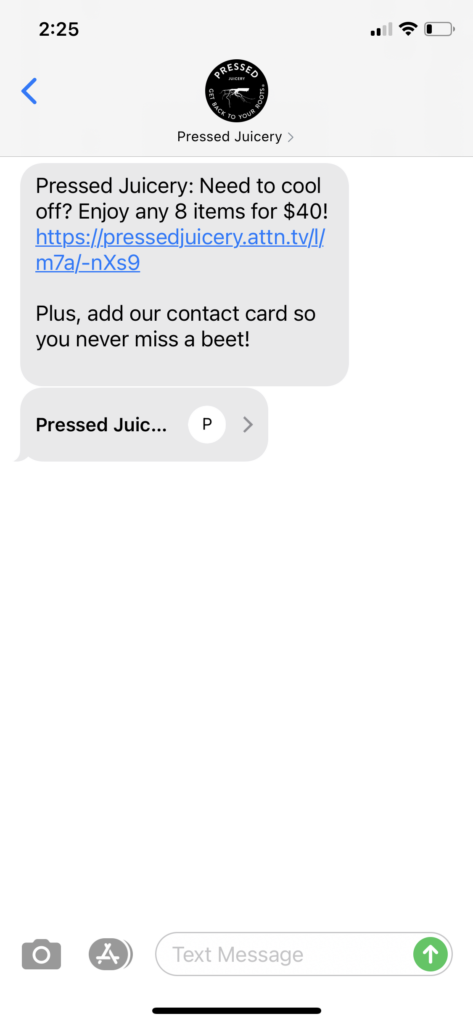 Pressed Juicery Text Message Marketing Example - 8.14.2020