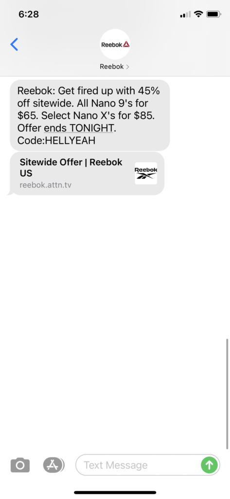 Reebok Text Message Marketing Example - 10.18.2020