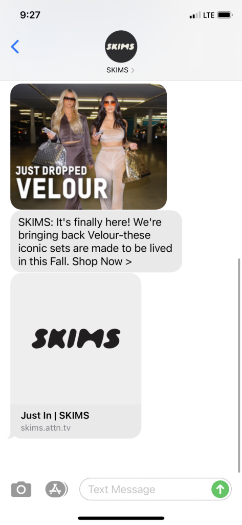 SKIMS Text Message Marketing Example - 10.21.2020