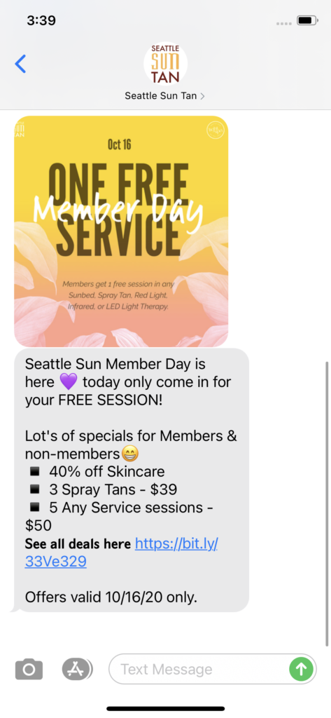 Seattle Sun Tan Text Message Marketing Example - 10.16.2020
