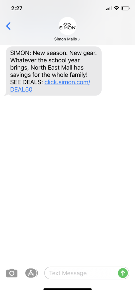 Simon Malls Text Message Marketing Example - 8.14.2020