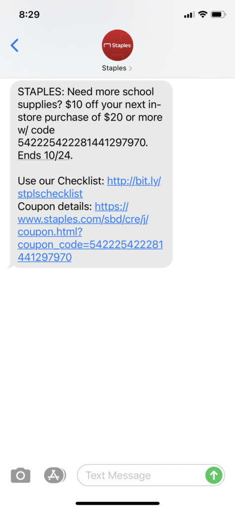 Staples Text Message Marketing Example - 10.14.2020