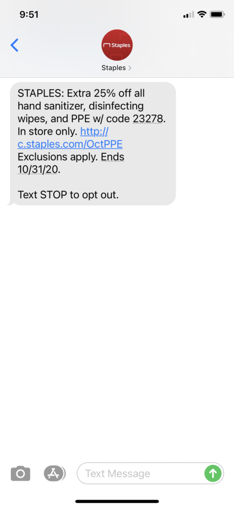Staples Text Message Marketing Example - 10.19.2020