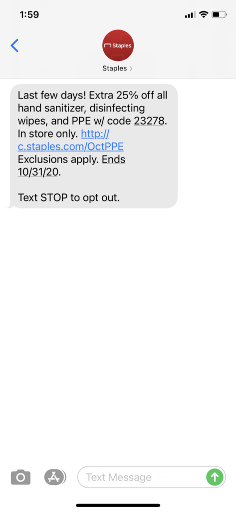 Staples Text Message Marketing Example - 10.28.2020