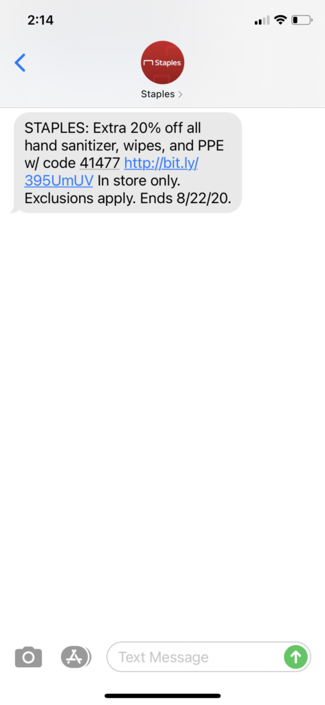 Staples Text Message Marketing Example - 8.17.2020