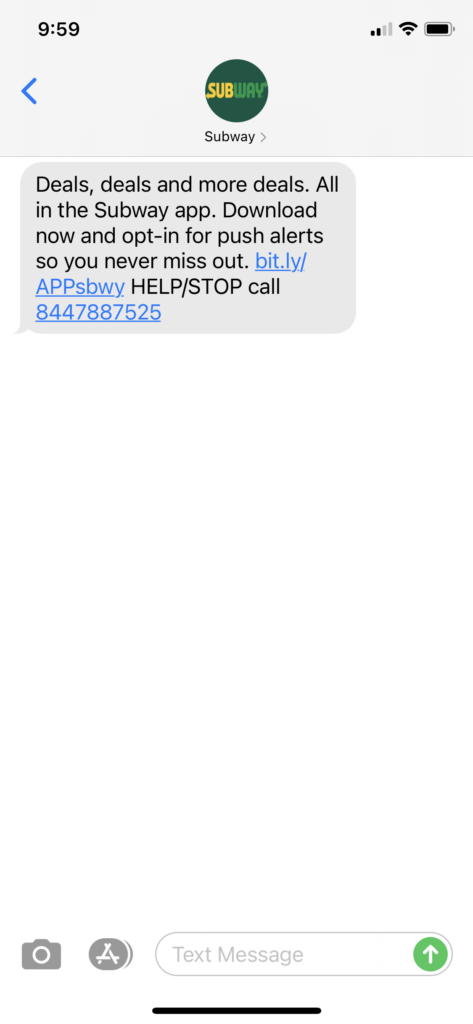 Subway Text Message Marketing Example - 10.19.2020