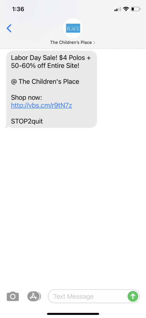 The Children's Place Text Message Marketing Example - 9.03.2020