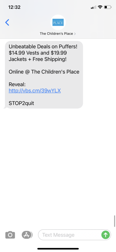 The Children’s Place Text Message Marketing Example - 10.01.2020