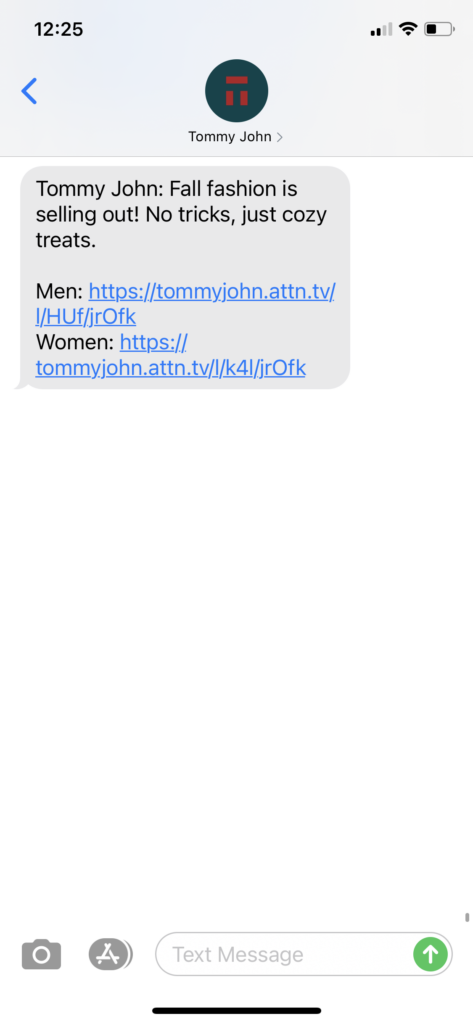 Tommy John Text Message Marketing Example - 10.02.2020