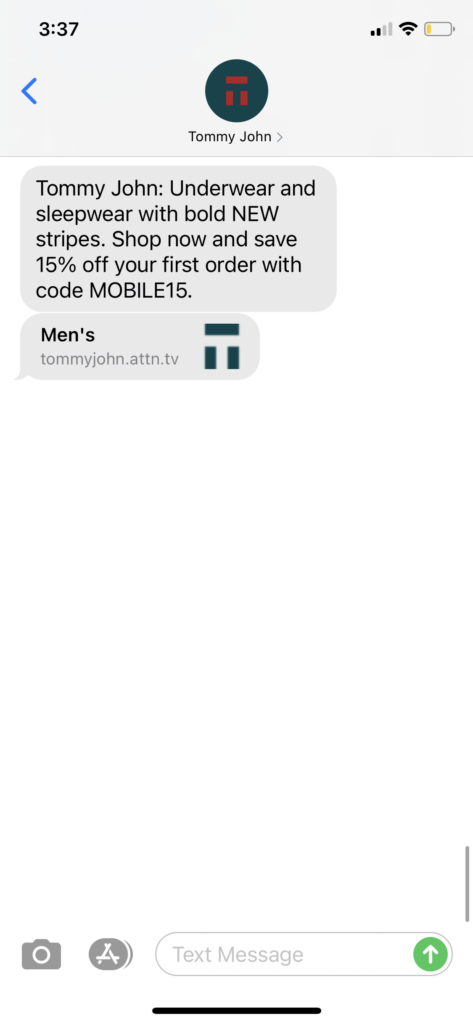 Tommy John Text Message Marketing Example - 10.04.2020